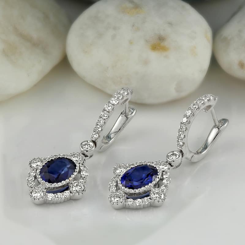 Auriya Vintage Inspired 2ct Blue Sapphire Oval and 7/8ct Diamond Halo Dangle Earrings 18k Gold