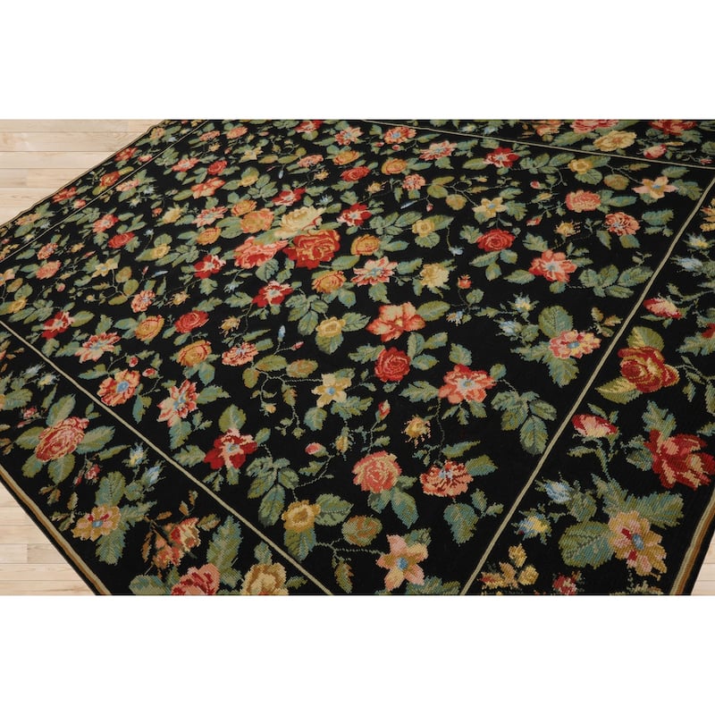 9x12 Hand Woven Wool Black Portugese Needlepoint Traditional Area Rug - 9' x 12'
