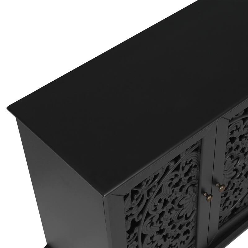 Buffet Cabinet with Floral Carvings with Solid Wood Legs&Antique Brass Handles&Adjustable Shelves,