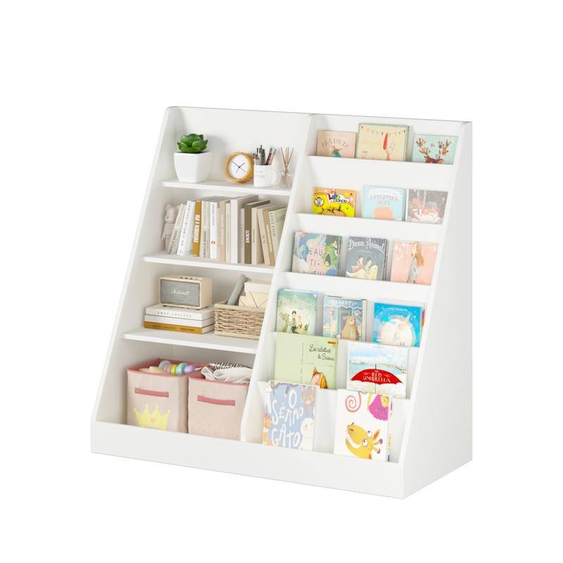 4-Tier Wooden Kids Bookshelf & Toy Organizer with Storage Bin, Modern Display Bookcase for Nursery Playroom