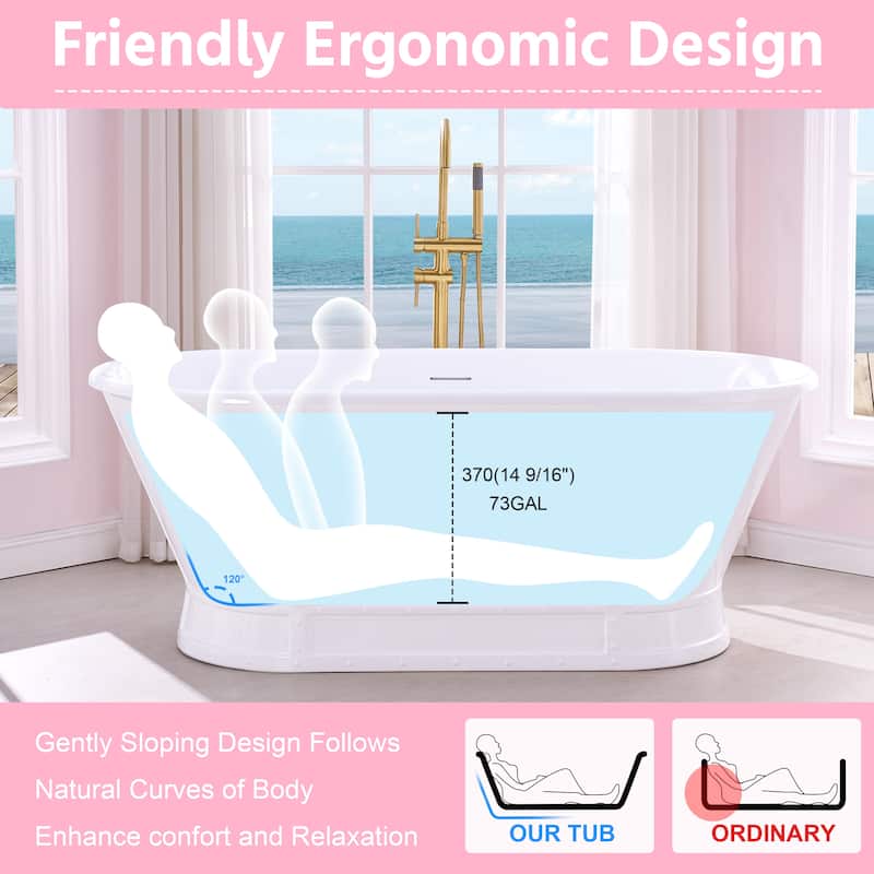 66'' W,73 GALLONS Freestanding Acrylic Soaking Bathtub With Drain And Overflow Holes