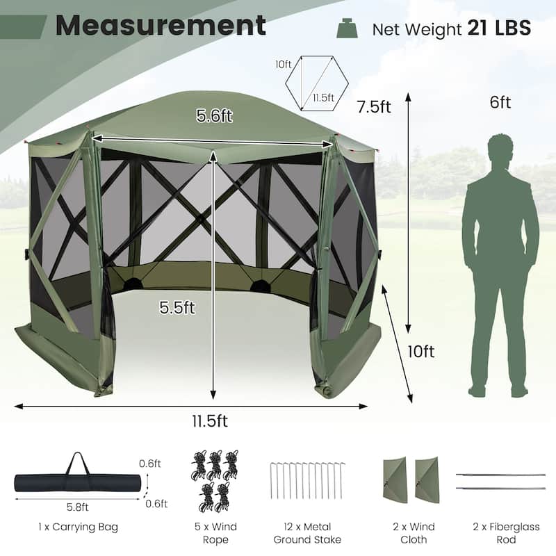 Costway 11.5 X 11.5 FT 6-Sided Pop-up Screen House Tent With 2 Wind - See Details