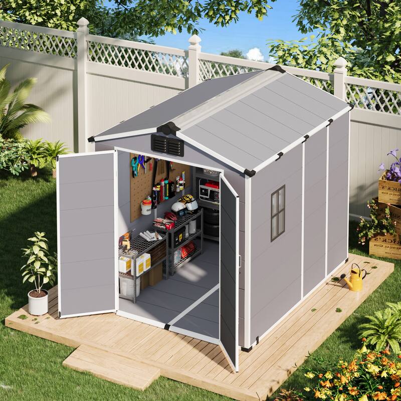 EROMMY Outdoor Storage Shed with Built-In Floor, Lockable Double Doors & Sloped Roof, Gray/Black