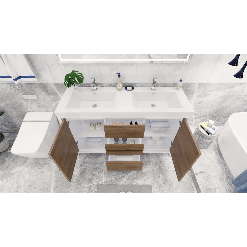 dolce 60 natural oak finish freestanding bath vanity with dual basin reinforced acrylic top