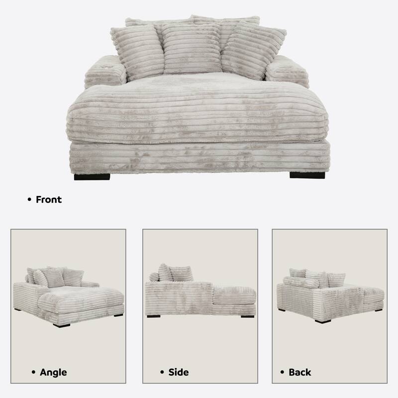 Cocoon Faux Fur Corduroy Oversized Chaise Lounge with Cupholders and USB/USB-C