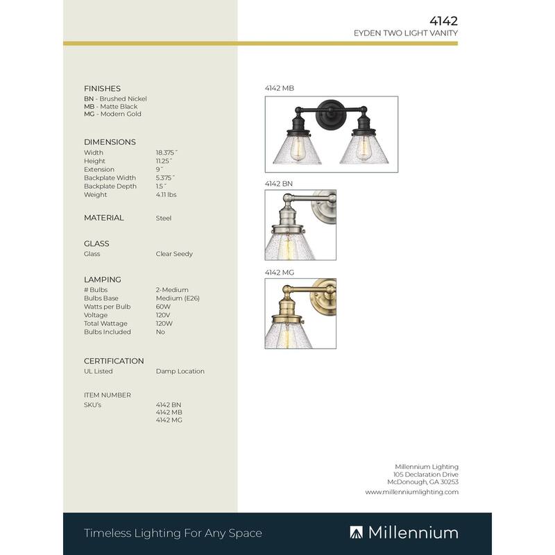Millennium Lighting Eyden 2 Light Vanity Light with Clear Seedy Glass Shades