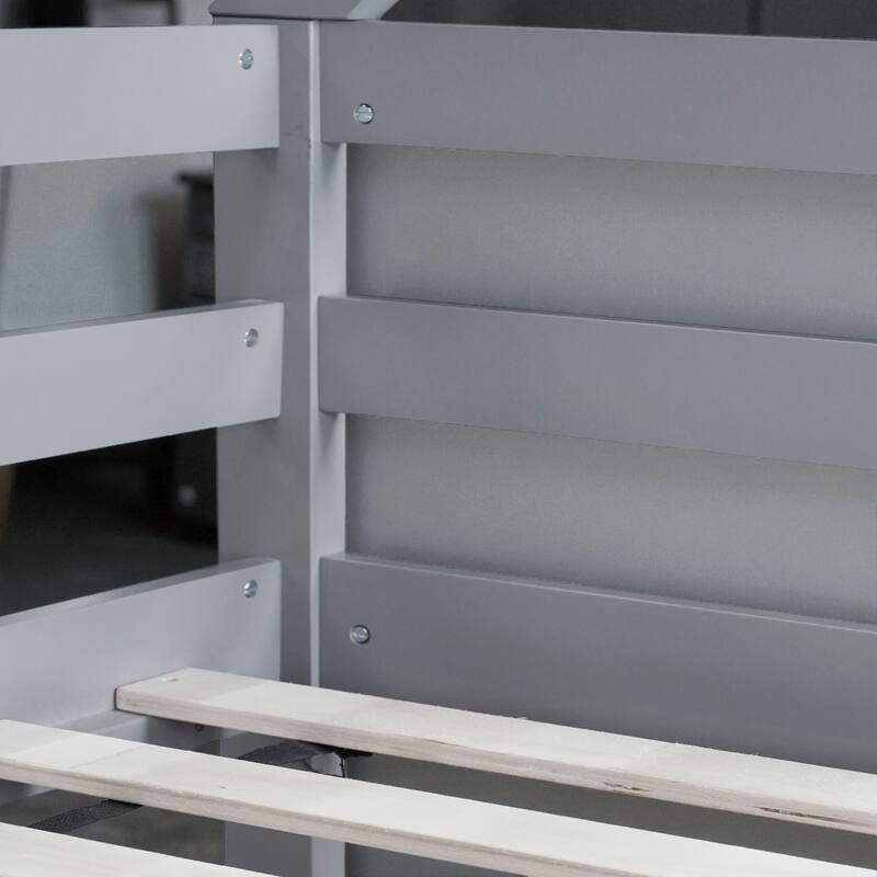 Twin Over Twin Floor Bunk Bed with House Roof Design, Rubber Wood Frame, Ladder and Guardrails for Kids Bedroom