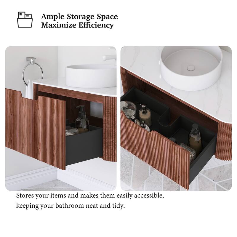 Plywood Wall-Mounted Bathroom Vanity Set with Integrated Ceramic Sink in Natural Wood