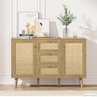 Anmytek Buffet Sideboard 3-Drawer Chest of Drawers with 2 Door Mid-Century Modern Rattan Cabinet Console Table