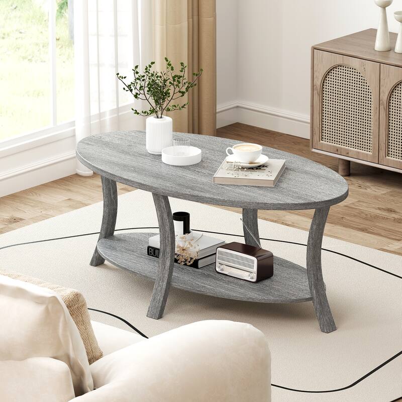 Grey Rubber Wood 2-Tier Coffee Table with Storage Shelf - 44” x 24” x 18.5”