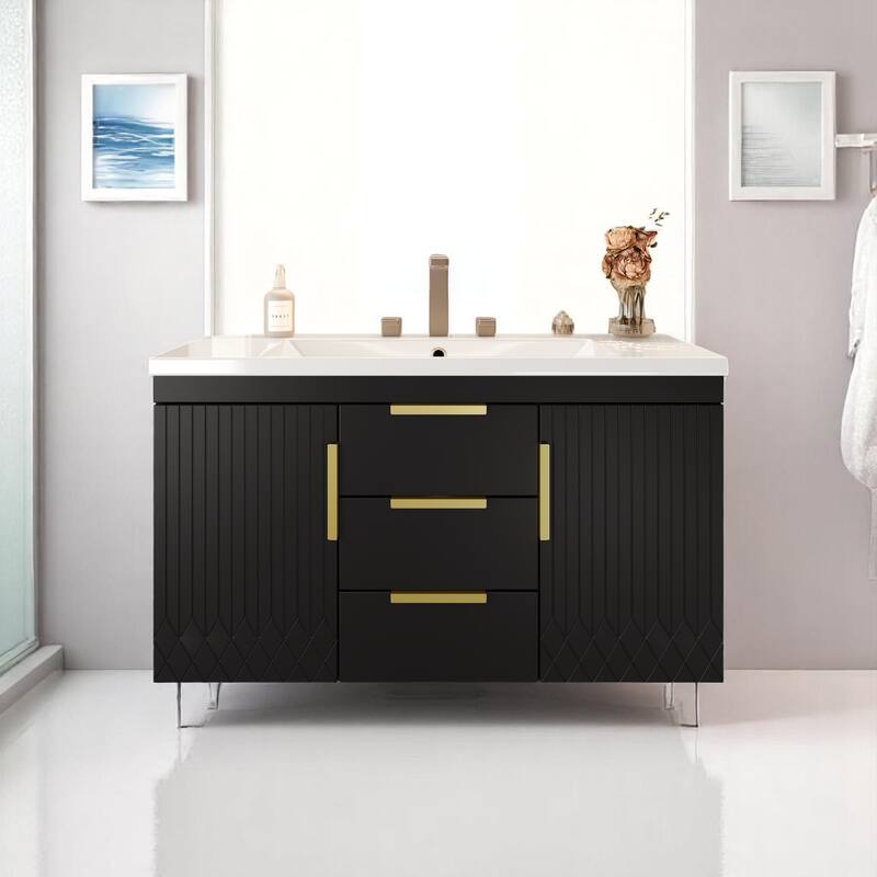 36 Inch Floating Bathroom Vanity with Sink, Wall Hung Cabinet with 2 Soft Close Drawers, Modern MDF Frame - Black