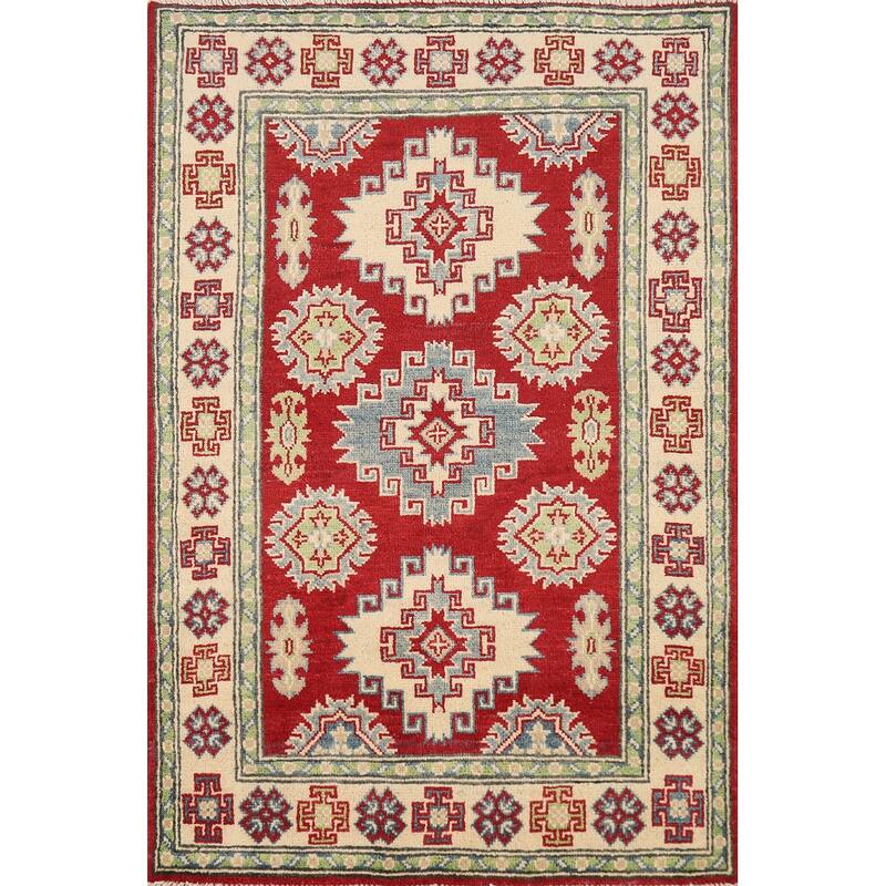 Kazak Foyer Rug Handmade Red Geometric Wool Carpet - 2'8"x 4'0"