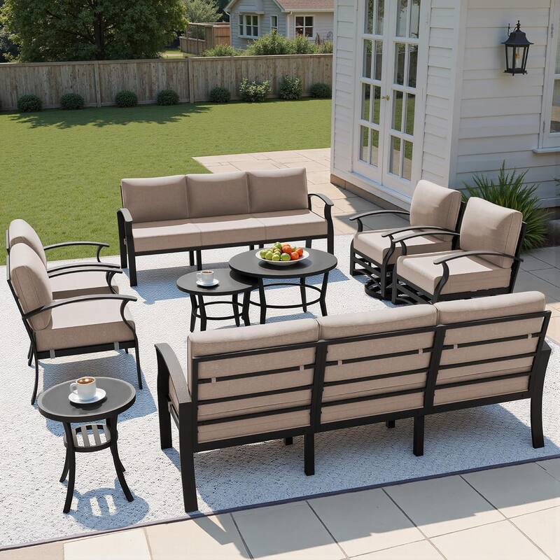 Kullavik Aluminum Outdoor Patio Sectional Sofa Set with Swivel Rocking Chairs and Coffee Table - Sand - 10-Seats-Round Table