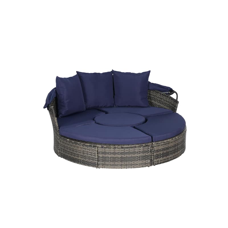 Outdoor Rattan Daybed Round Sunbed with Retractable Canopy, 5 Piece Sectional Patio Conversation Set with Storable Table