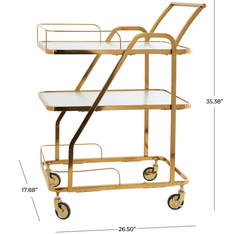 Gold Metal Glass Shelf 3 Tier Bar Cart with Side Guards and Handle