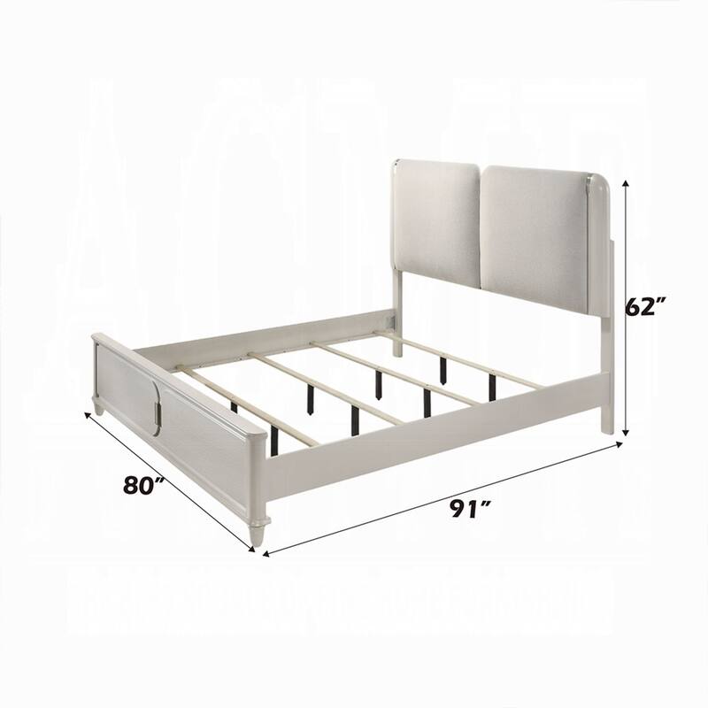 Veda King Size Bed with LED, Pearl White, Gray Boucle Upholstered