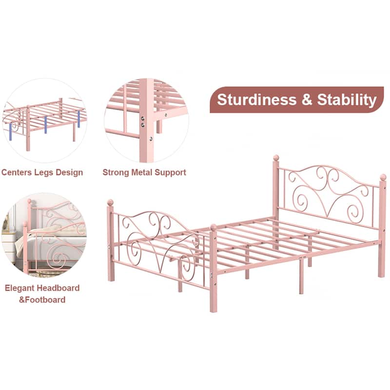 VECELO Metal Platform Bed Frame with Scroll Headboard, Twin/Full/Queen Size Beds