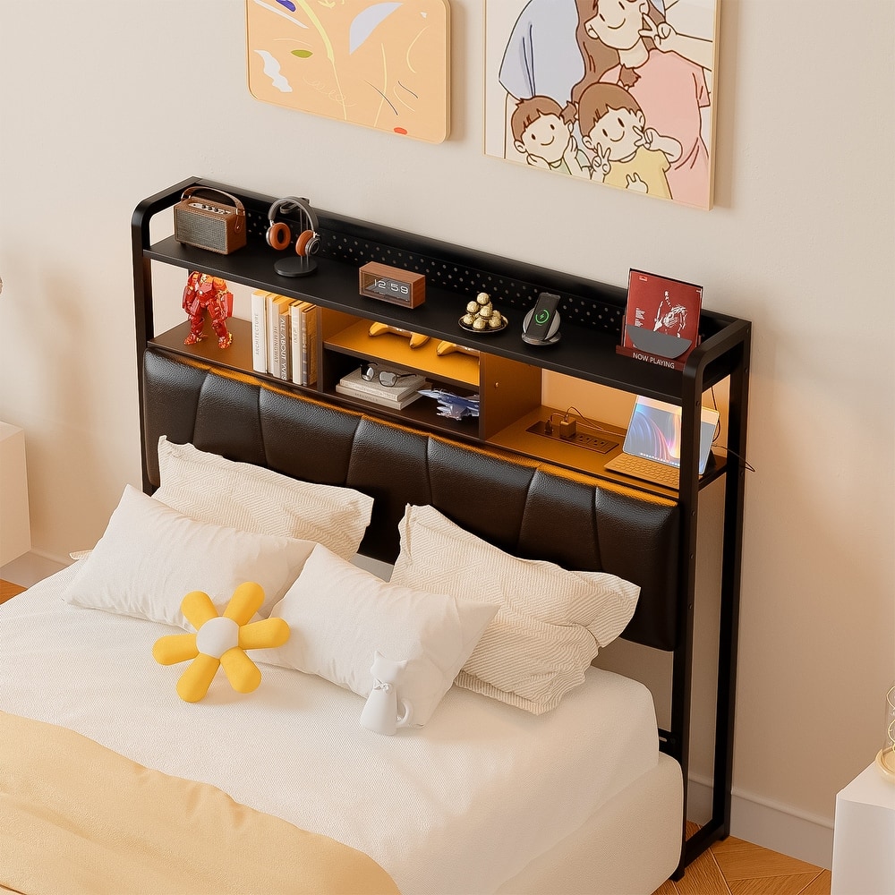 Upholstered Headboard with Pegboard and Charging Station, Storage Headboard Shelves and LED Light