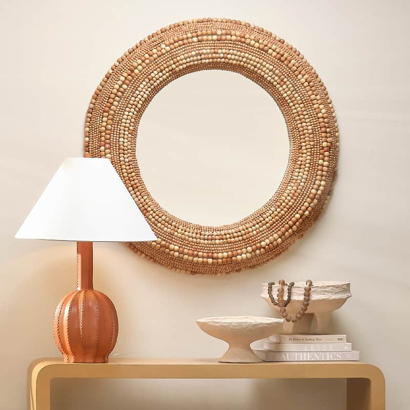 Jamie Young Strand Wood Beaded Round Wall Mirror