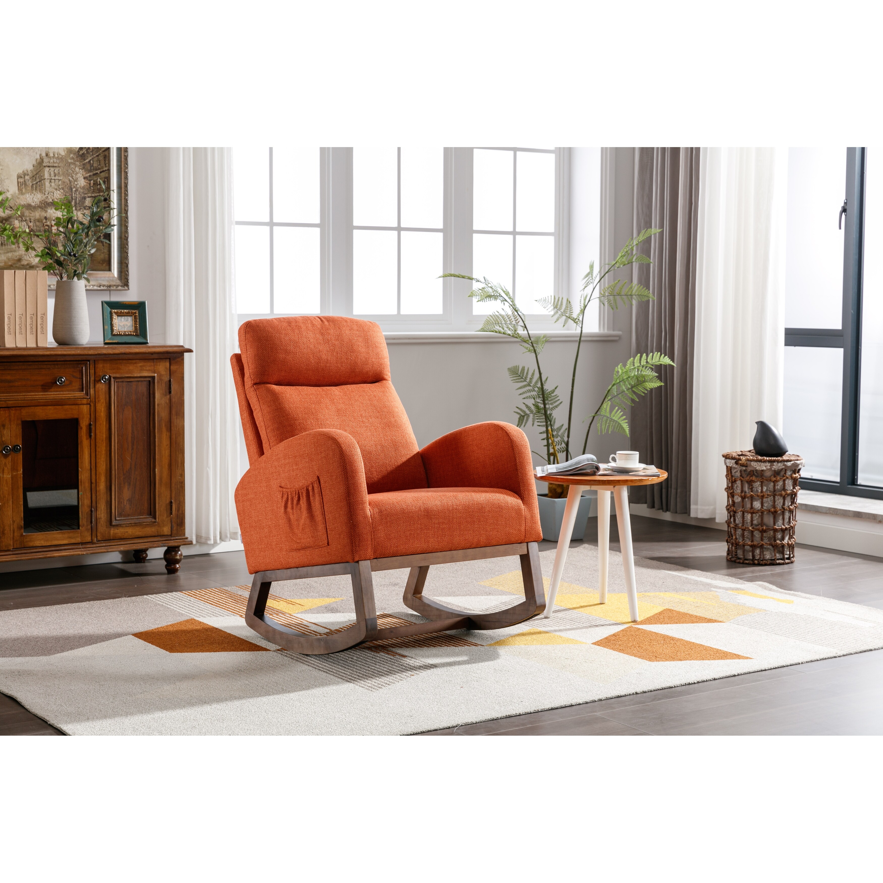 Modern Accent Upholstered Rocking Glider Rocker High Back Arm Chair with Side Pockets for Living Room Yellow