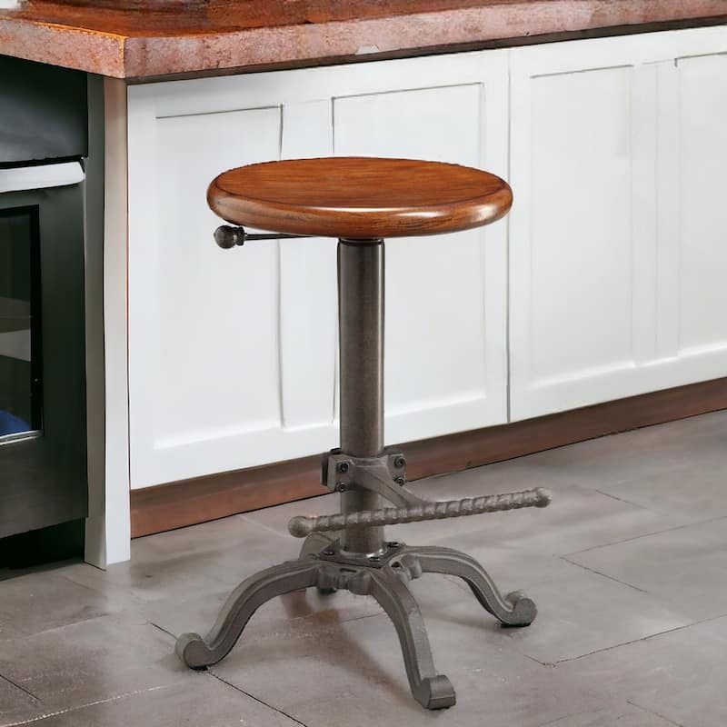 30" Adjustable Height Chestnut Wood Seat Swivel Bar Stool with Grey Steel Frame and Backless Design - 30"H x 14.25"W x 14.25"D