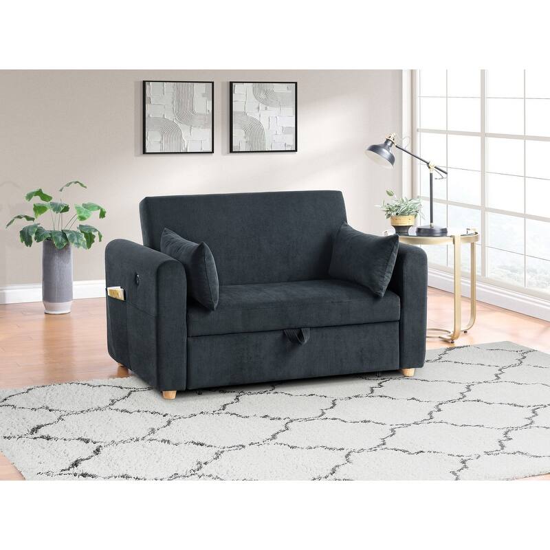 Marielle 55"W Corduroy Convertible Sleeper Loveseat with USB Ports, Magazine Pockets, and Pillows