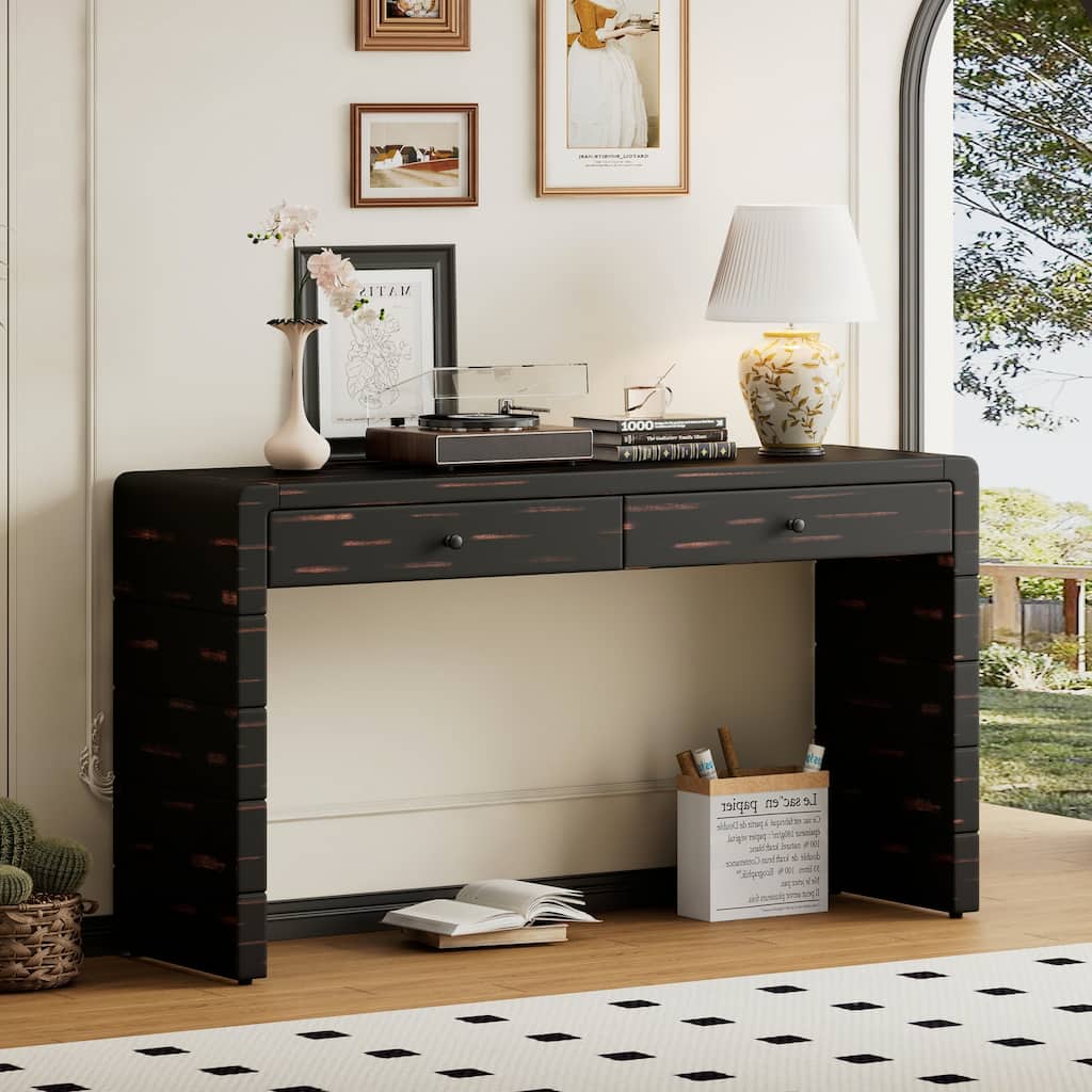 Curved Console Table with Storage,Distressed Black