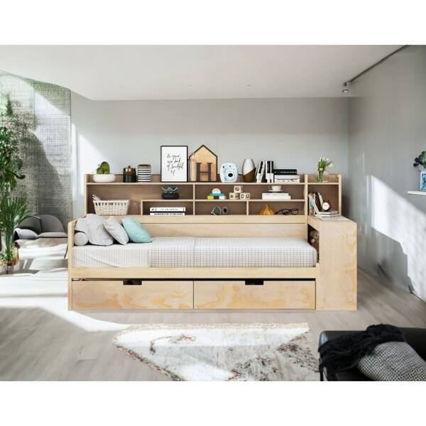 slide 2 of 19, Multi-functional Twin Size Daybed Bed Frame with Study Desk Shelf and 2 Storage Drawer Natural
