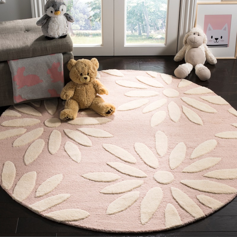 SAFAVIEH Handmade SAFAVIEH Kids Fleurette & Tween Wool Rug - 5' Round - Pink/Ivory - Round