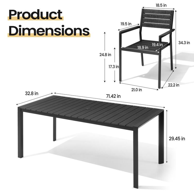 Set of 7 Outdoor Patio Dining Set WoodLike Table Top Aluminum Rectangular Umbrella Hole Table with Stackable Dining Chairs
