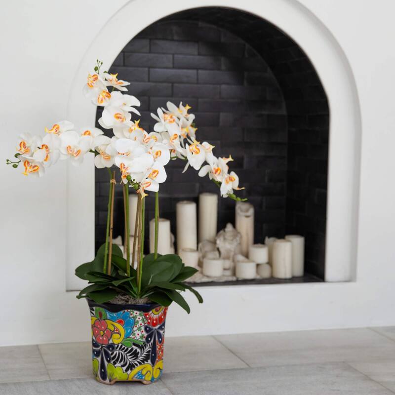Orchid Artificial Floral Arrangement with Mexican Talavera Planter - 36" - White