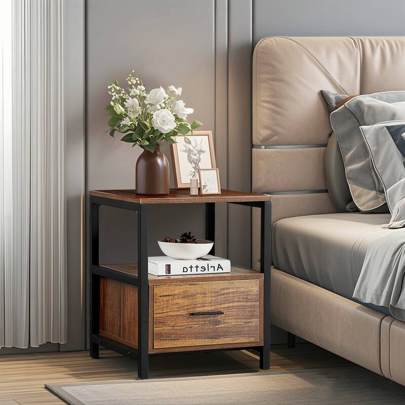 VECELO Square Brown Nightstand, Dresser for Bedroom with Drawer, Bedside Table Night Stand End Table for Bedroom