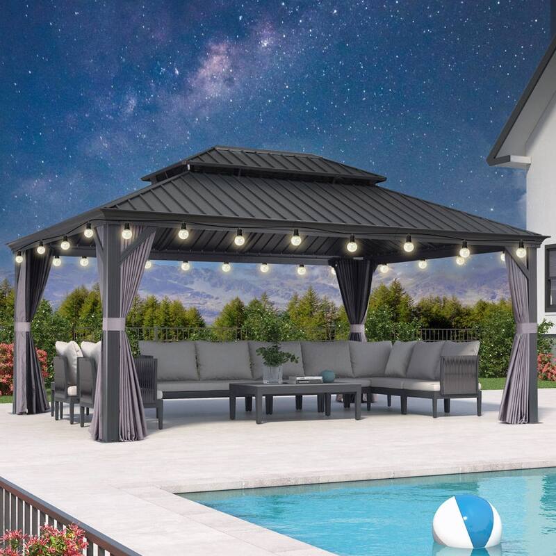 PURPLE LEAF Outdoor Galvanized Steel Hardtop Gazebo, Aluminum Frame Gazebo With Curtains - 13' x 17' NEW! - Grey(With lights)