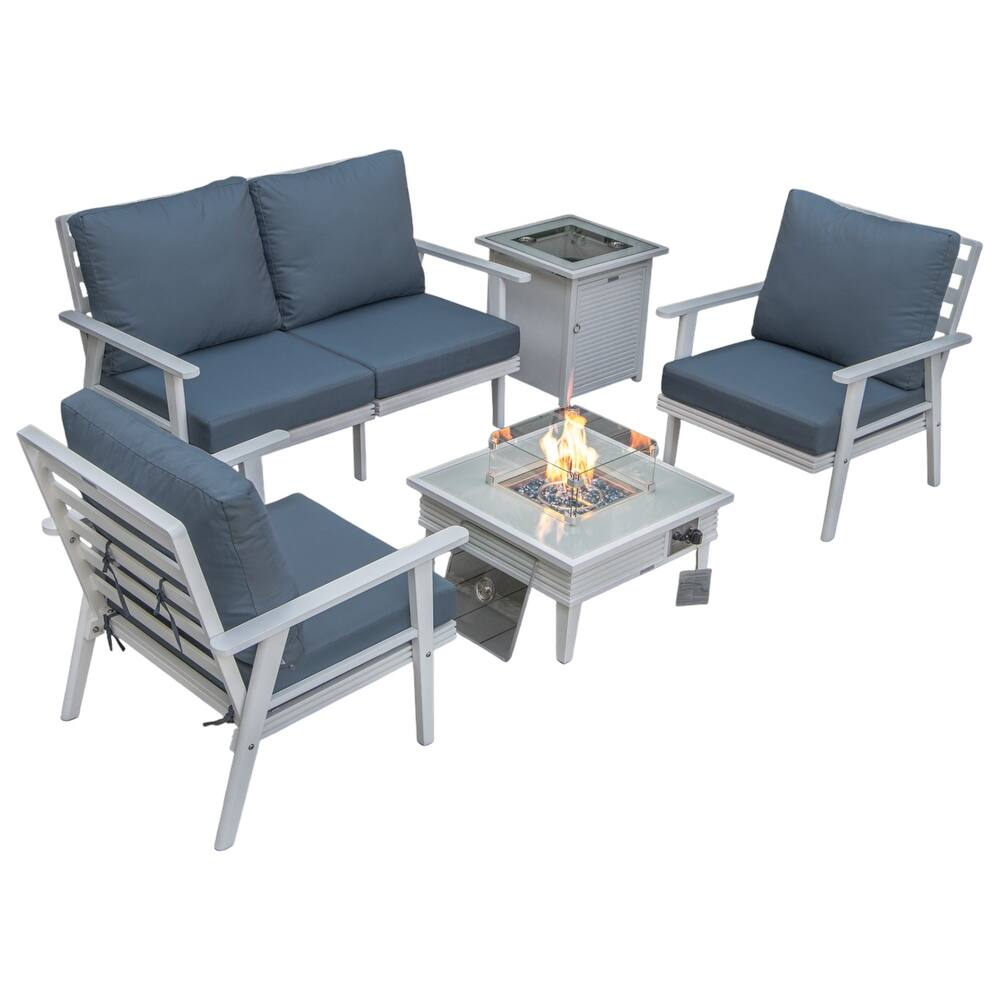 Walbrooke Polyester Upholstered Aluminum Powder Coated Outdoor Patio Furniture Set with Fire Pit Table