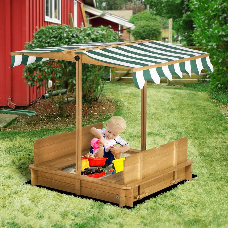 Outsunny Wooden Kids Sandbox with Cover, Foldable Bench Seats