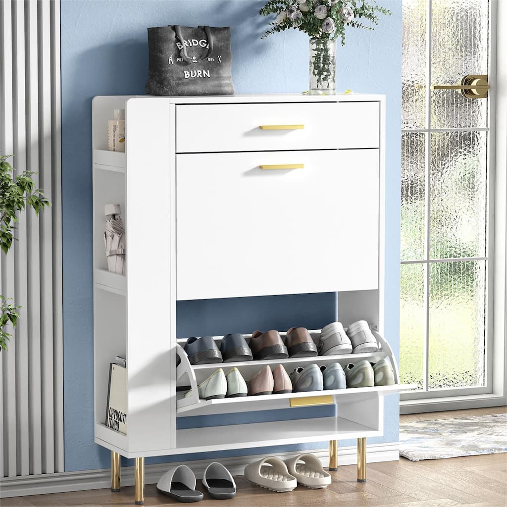 Anmytek Modern White Shoe Storage Cabinet 16 Pairs Slim Shoe Rack Organizer with 2 Flip Drawers - 29.5"W x 9.4"D x 41.3"H