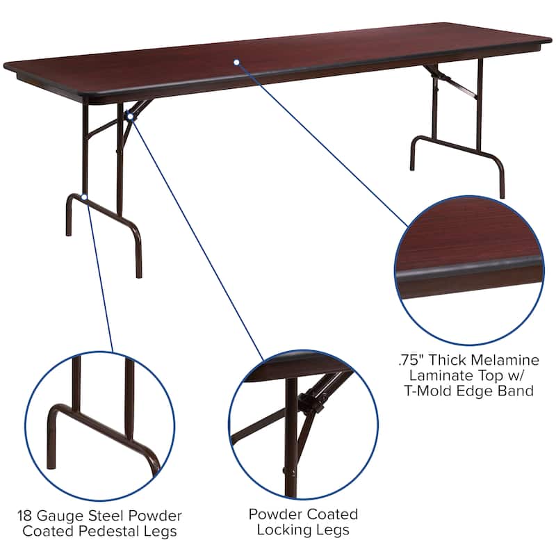 30" x 96" Rectangular Mahogany Melamine Laminate Folding Banquet Table