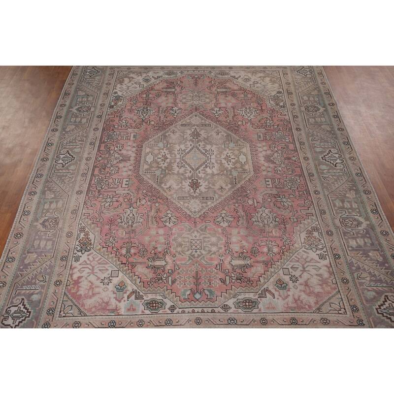 Pink Distressed Tabriz Vintage Persian Rug Hand-Knotted Wool Carpet - 8'0" x 10'11"