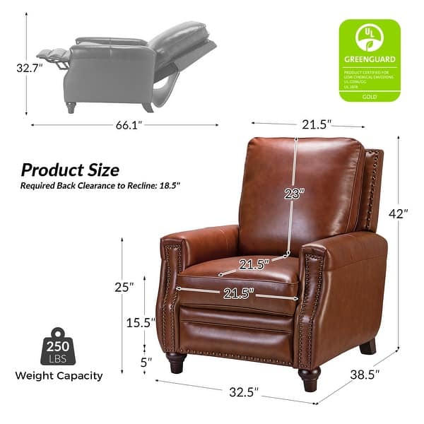 dimension image slide 0 of 2, HULALA HOME Cigar Mid-century Modern Genuine Leather Recliner with Solid Wood Legs and Nailhead Trim