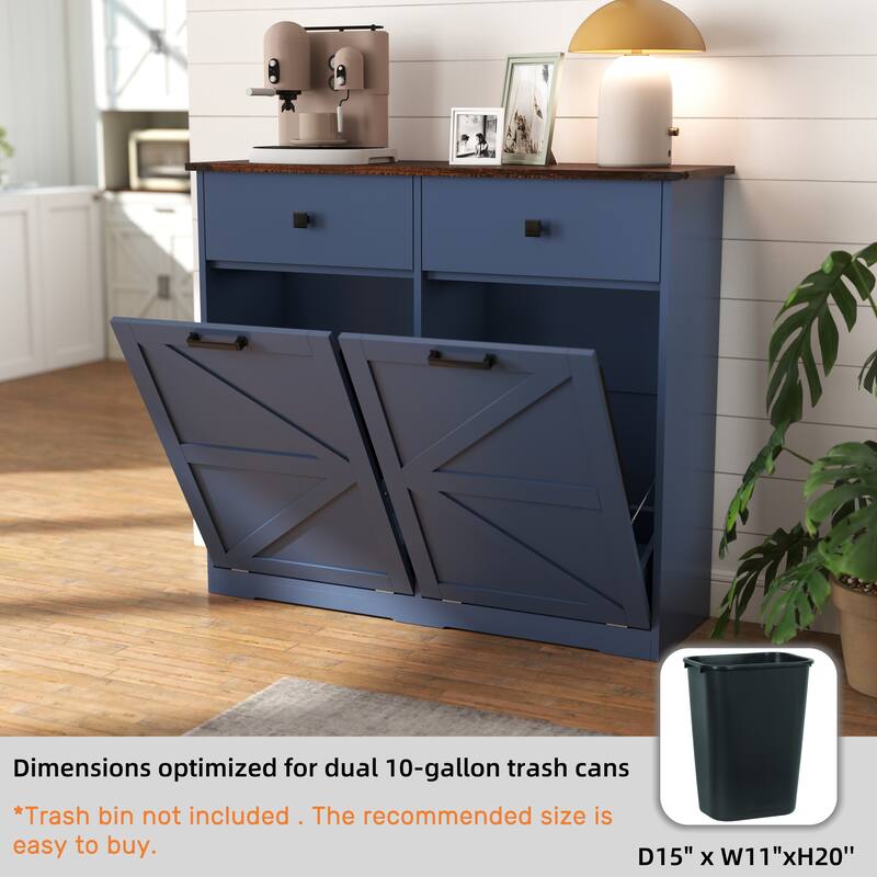 Farmhouse Double Tilt Out Trash Cabinet for Two 10 Gallon Bins, Barn Door Recycling Cabinet with Drawer Storage