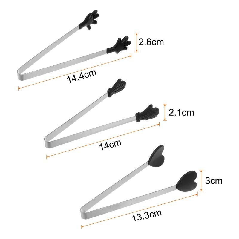 Mini Food Tongs 14cm Pattern Shape Stainless Steel with Silicon Tips - 5.5" - Black