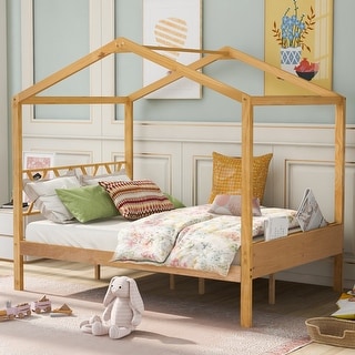 Full Size Wood House Bed with Storage Space and Roof
