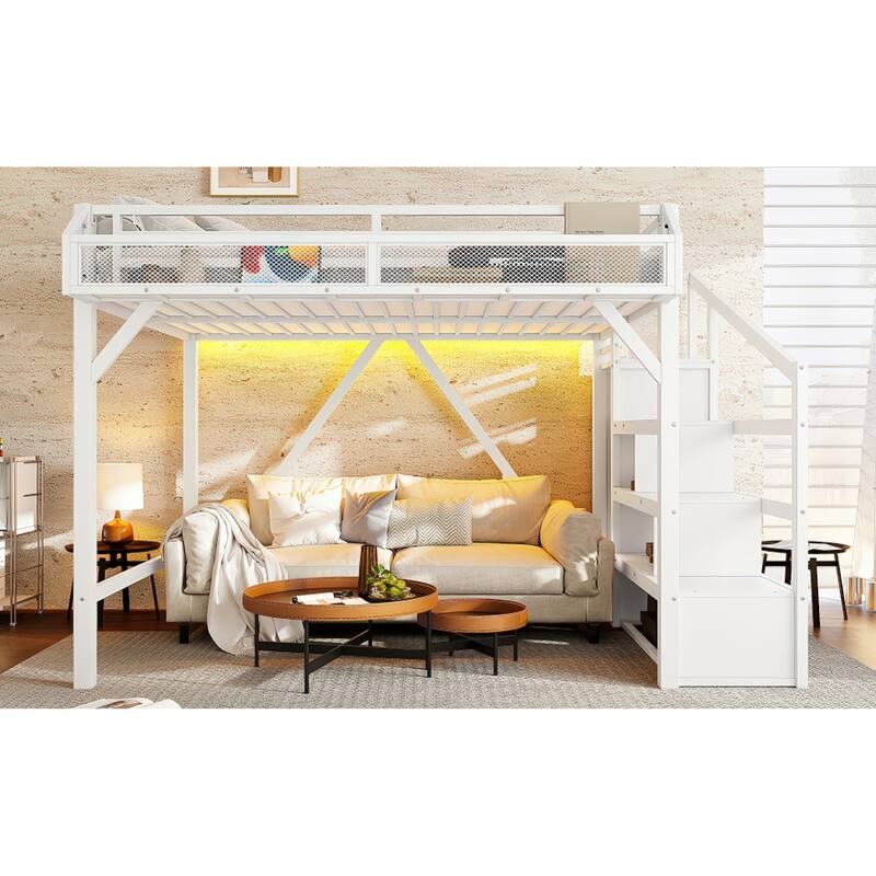 Roomfitters Metal Loft Bed with Wardrobe and Storage Stairs, LED Lights and USB
