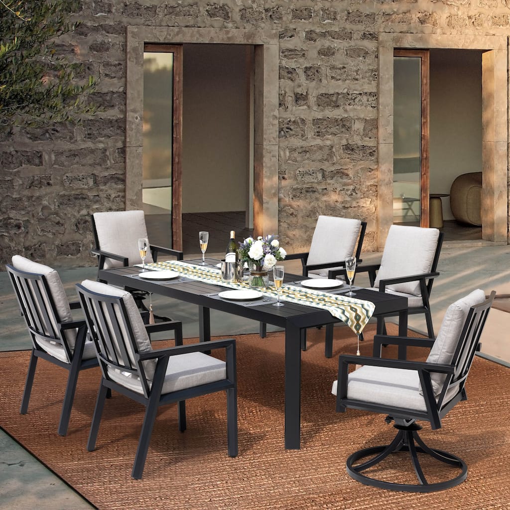 Outdoor 7-Piece Aluminum Dining Set with Soft Gray Cushion
