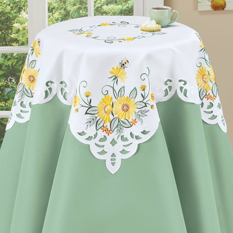 Embroidered Gerbera Daisies Scalloped Edge Table Linens - White - Square