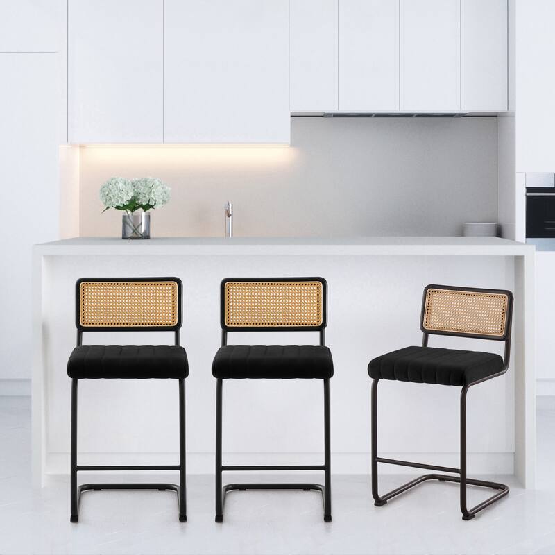 Velvet Upholstered Rattan Counter/Bar Stools, Set of 2/3