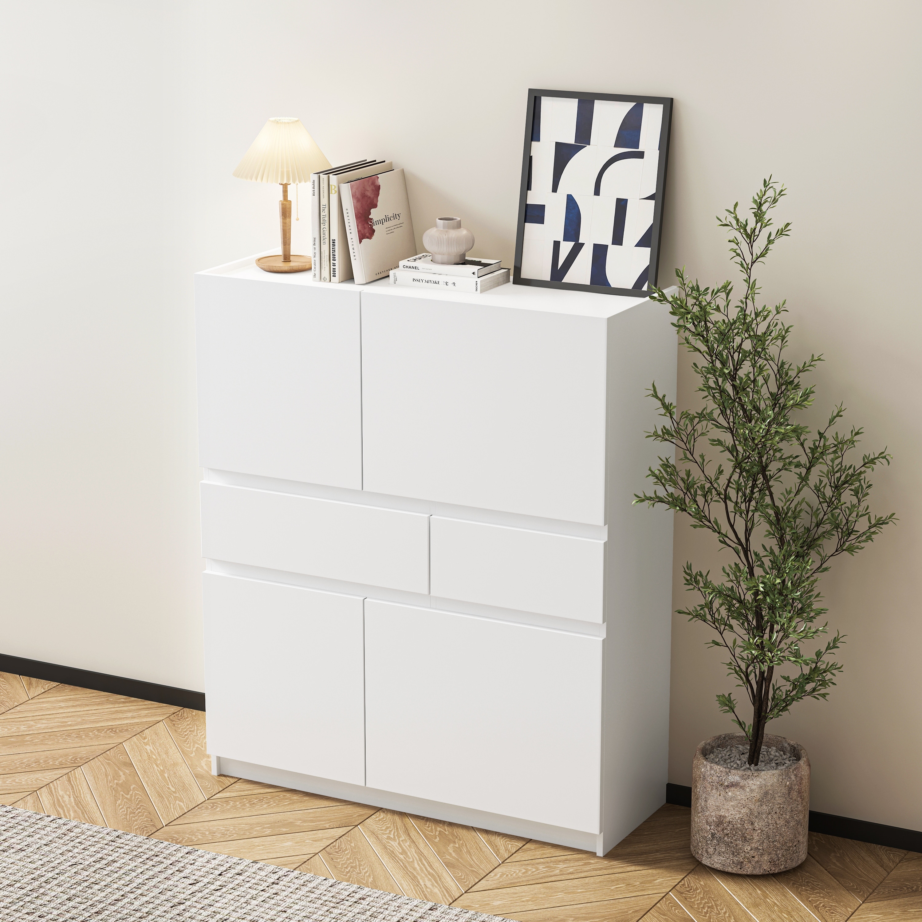 4 Door Dresser Chests of Drawers for Living Room Bedroom, White Storage Cabinet Clothing Storage Closet