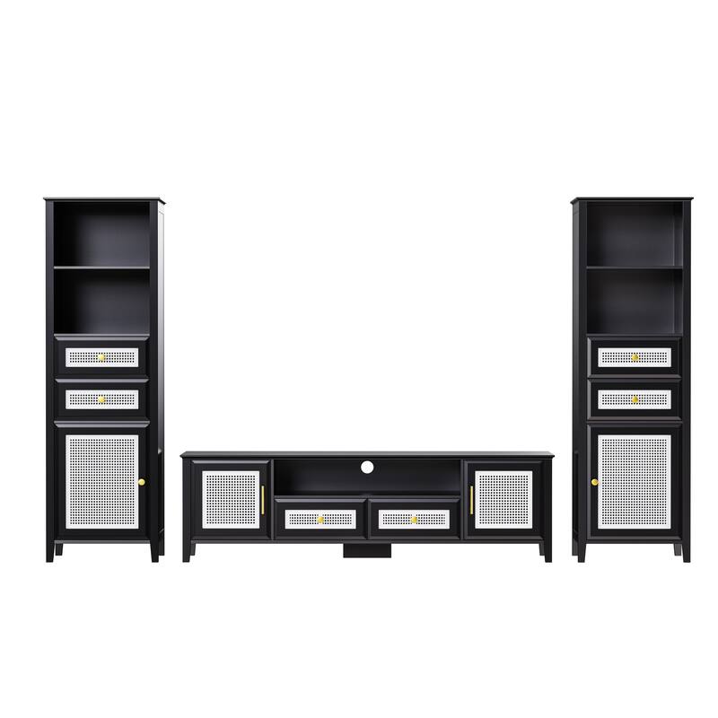 Black Rattan TV Stand Sets with TV Console and 2 Tall Cabinets - 102.10" x 15.70" x 63.00"