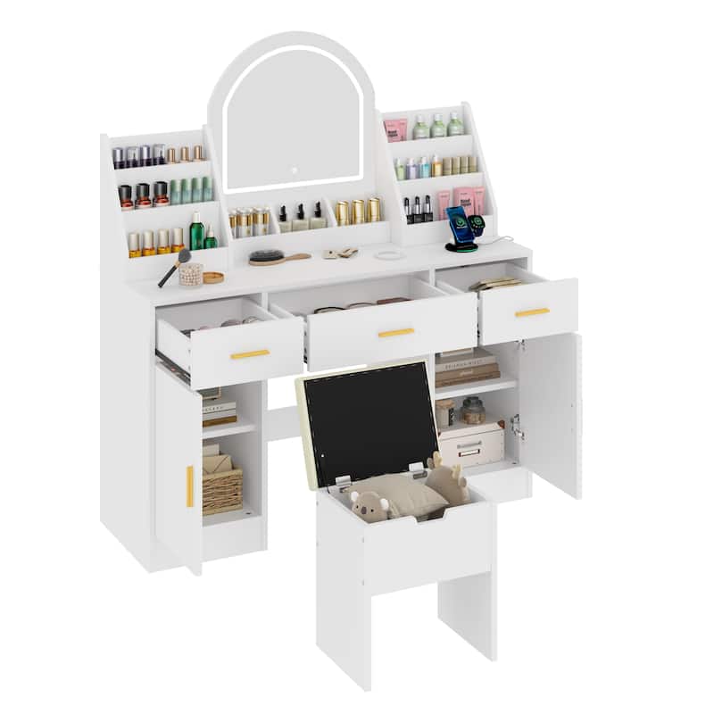 Vanity Desk with LED Lighted Mirror & Storage Stool, Makeup Vanity Set with 2 Organizers, 3 Drawers & 2 Cabinets