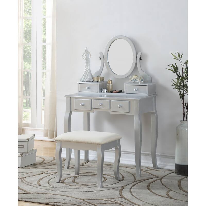 Ashley Wood Make-Up Vanity Table and Stool Set - Silver